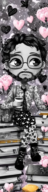 Free teacher bookmark featuring a gray-faced teacher with glasses sitting on books